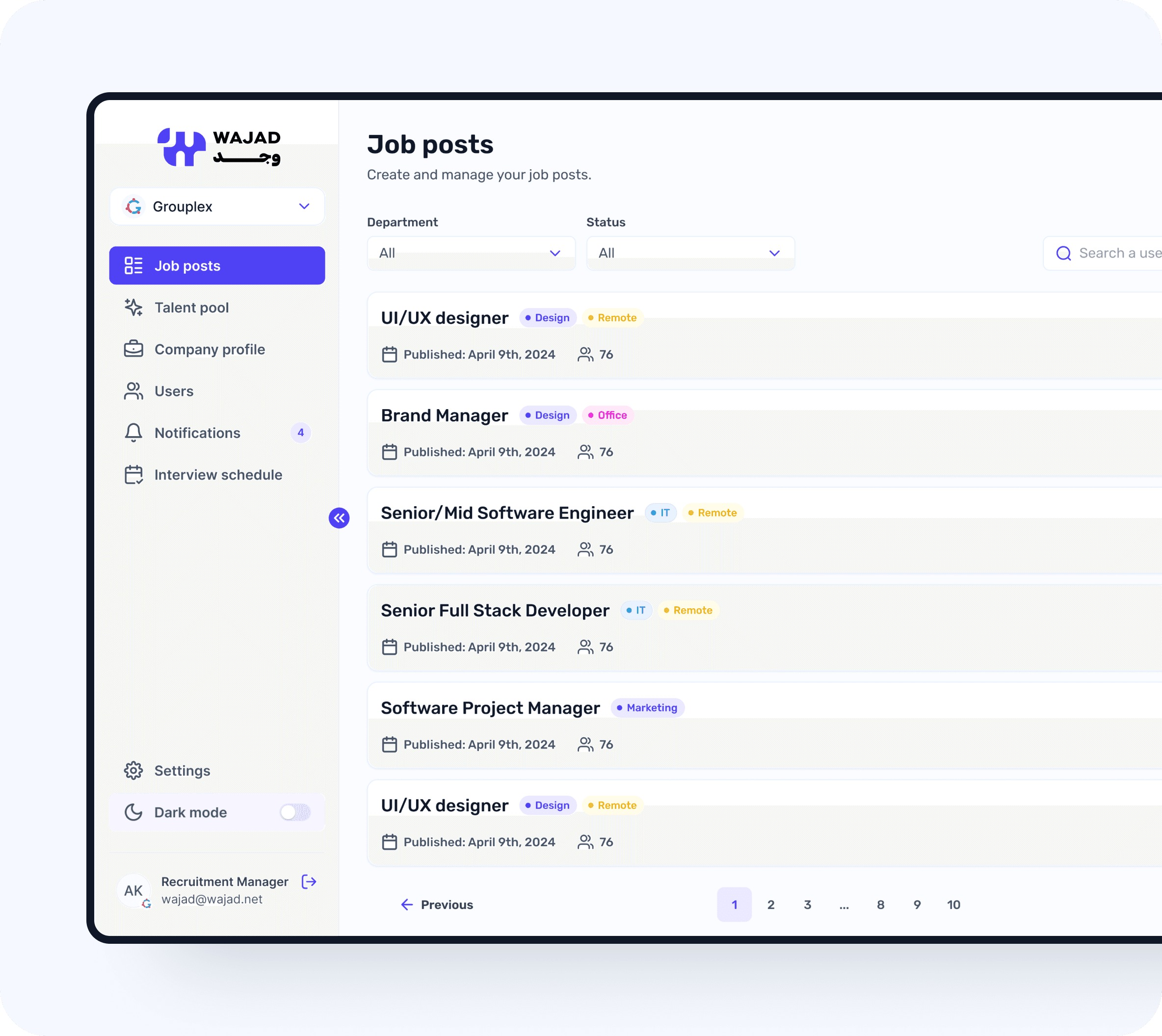 Wajad applicant tracking pipeline view